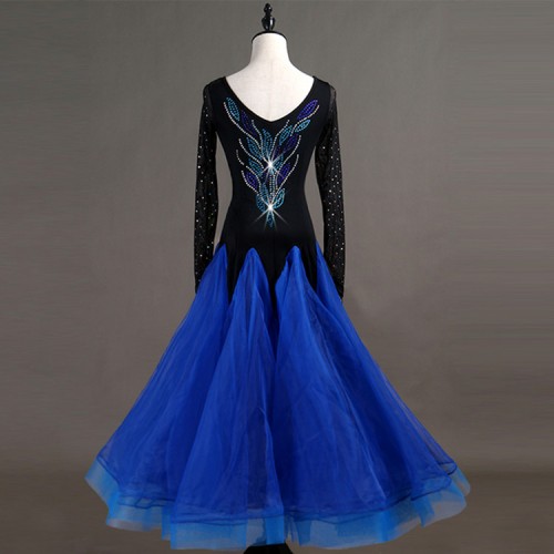 Adult girls ballroom dancing dresses for women black with royal blue stones competition stage performance waltz tango long length skirt dresses